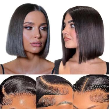 Imagem de Peruca Bob 13 x 4 HD transparente com renda frontal – Peruca de cabelo humano liso curto de 25 cm, sem cola, densidade de 180% com cabelo de bebê para mulheres negras