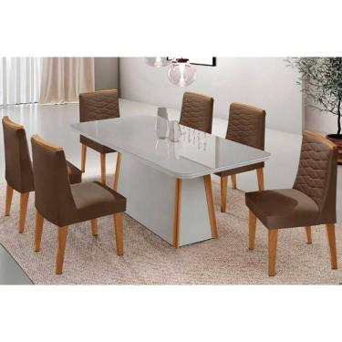 Imagem de Conjunto Sala de Jantar Tilia c/ Tampo Madeirado c/ Vidro Canto Curvo 180x90cm e 6 Cadeiras Maldivas Madeira Maciça Naturale/Off White - Capuccino/Sue