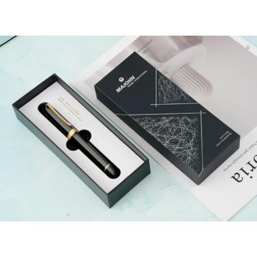 Imagem de Majohn V60 Caneta-tinteiro triangular pistão ponta EF, caneta preta dourada de resina para escritório com caixa de presente