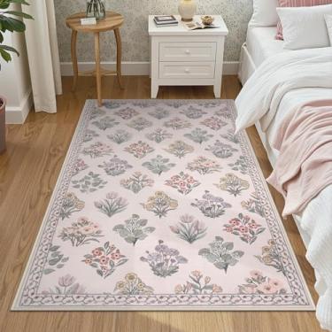 Imagem de Wonnitar Tapete floral marroquino lavável 3x5, tapetes pequenos rosa para quarto de bebê, tapete antiderrapante ultrafino macio para decoração de quarto de cabeceira, meninas, dormitório, rosa pálido