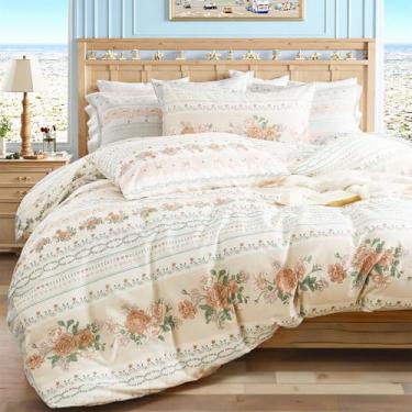 Imagem de Cozaline Capa de edredom 100% algodão natural tamanho Queen - Conjunto de capa de edredom floral de jardim gasto reversível chique com fecho de zíper, 3 peças de capa de edredom vintage macia e leve