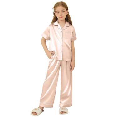 Imagem de Pijama Arshiner de cetim para meninas de manga curta de 5 a 6 anos ros