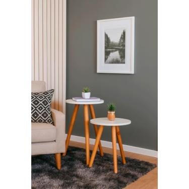 Imagem de Kit 2 Mesas Cora de Canto Redondas Pé Palito MDF Branco Mesa Lateral para Sala Quarto Escritório