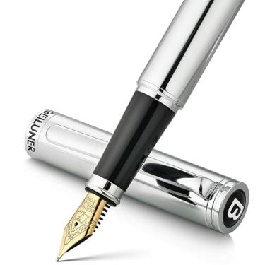 Imagem de BEILUNER Caneta-tinteiro prateada, canetas de luxo deslumbrantes com acabamento cromado, linda ponta dourada 24K (fina), conversor de tinta, presente de caneta chique para homens e mulheres - elegante