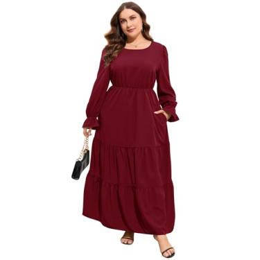 Imagem de KOJOOIN Vestido maxi feminino plus size, gola redonda, manga comprida, cintura império, bainha plissada, casual, boêmio, com bolsos, Vinho tinto, XGG
