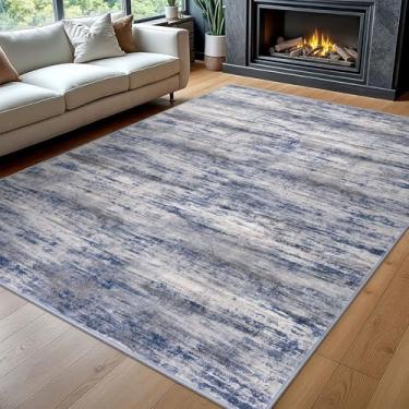 Imagem de KOZYFLY Tapetes para sala de estar, 20 x 25 cm, moderno, ombré, sala de estar, lavável, tapetes finos e antiderrapantes, tapete listrado macio para quarto, tapete abstrato cinza e azul para lavanderia