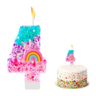 Imagem de Velas com números de aniversário arco-íris para bolos, números de lantejoulas, 4 velas, enfeite de bolo, decorações de cupcake, suprimentos de festa com tema de arco-íris colorido, presentes de