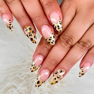Imagem de Unhas postiças de amêndoas médias com ponta francesa com design de glitter de leopardo, cobertura completa, cola brilhante nas unhas, unhas postiças de acrílico para mulheres e meninas, 24 peças