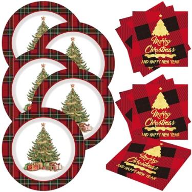 Imagem de AUOCATTAIL 40 peças de pratos e guardanapos de papel descartáveis de Natal, 23 cm, estampa xadrez, pratos de papel para festas, conjunto de utensílios de jantar para Natal, inverno, ano novo, jantar