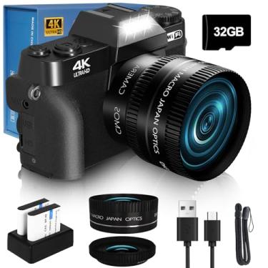 Imagem de Câmera digital VJIANGER 2024 para fotografia, vlog e YouTube com WiFi, tela giratória de 180°, zoom digital de 16x, lente de 52 mm, 2 baterias, cartão Micro SD de 32 GB (preto)
