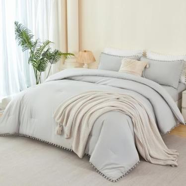 Imagem de PERFEMET Conjunto de cama queen cinza claro com 5 peças, boêmio, pompom, ultramacio, macio, liso, com edredom e lençóis para todas as estações (cinza claro, Queen)
