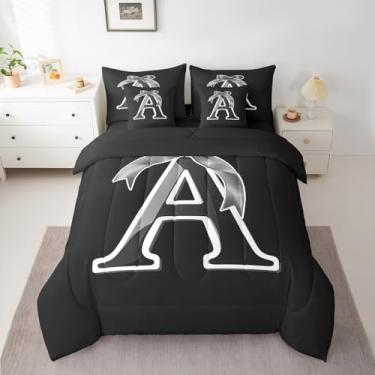 Imagem de jejeloiu Conjunto de edredom com laço preto e lençol casal com monograma, 7 peças, letra personalizada, cama em uma bolsa com edredom, lençóis, fronhas, moderno, conjunto de cama com laço