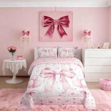Imagem de Conjunto de edredom infantil casal com gravata borboleta, decoração de quarto de meninas, meninos, edredom feminino kawaii, branco e rosa, conjunto de edredom para quarto, 2 fronhas