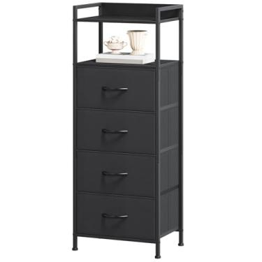 Imagem de Somdot Mesa de cabeceira com 4 gavetas, cômoda de tecido de torre de armazenamento vertical para quarto, mesa de cabeceira, moldura de aço resistente, tampo de madeira e caixas de tecido fáceis de