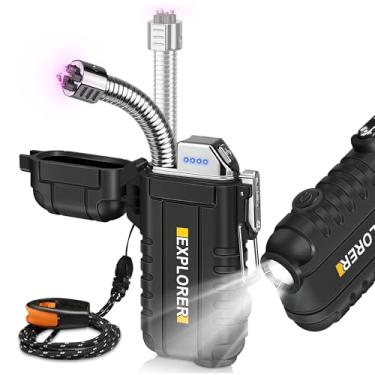 Imagem de Lafagiet Isqueiro elétrico USB C, potente chama de plasma de arco duplo, com lanterna, vento e isqueiros à prova d'água para vela, acampamento, churrasqueira, emergência