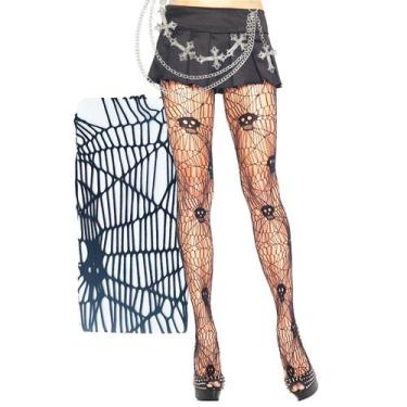Imagem de Kit Meia Calça Arrastão Teia Aranha Caveira + Cinto Corrente Crucifixo