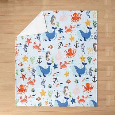 Imagem de Cobertor de flanela infantil de desenho animado oceano 101,6 x 127 cm, cobertor de lã coral fofo de peixe baleia polvo para meninos meninas aquarela azul macio aconchegante cobertor de cama para sofá