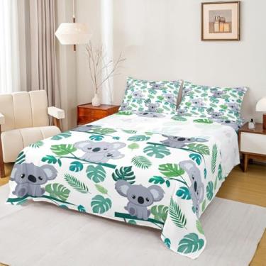 Imagem de Jogo de lençol solteiro com estampa de coala, animais selvagens, plantas tropicais, palmeira, 4 peças, para decoração de quarto de crianças, meninas, meninos, verde e cinza, lençol de cima + 1 fronha