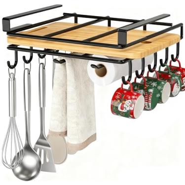 Imagem de Linwnil Suporte de caneca sem broca embaixo do armário, suporte de toalha de papel para armário, organizador de tábua de cortar, prateleira de armazenamento de aço inoxidável para utensílios de