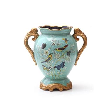 Imagem de Enfeites de vaso grande de cerâmica rústica europeia, decorações vintage para sala de estar, arte de flores secas (azul 16,5 x 17,5 x 30,5 cm)