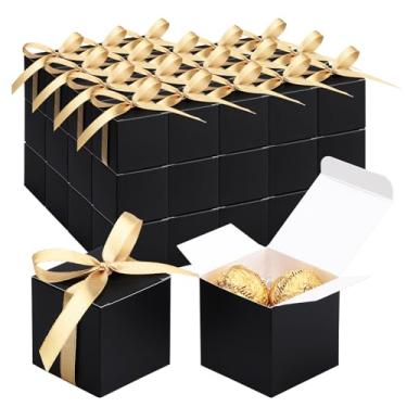 Imagem de EUSOAR Caixas de lembrancinhas, 60 peças, 5 x 5 x 5 cm, caixa de doces pequena com fitas douradas, mini cubo de papel, caixa de sabonete, armazenamento de trufas de chocolate, recipiente macaron para