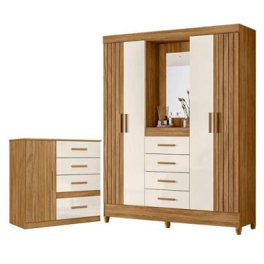 Imagem de Guarda Roupa Solteiro com Espelho Atenas e Cômoda Vênus Freijó Off Whi