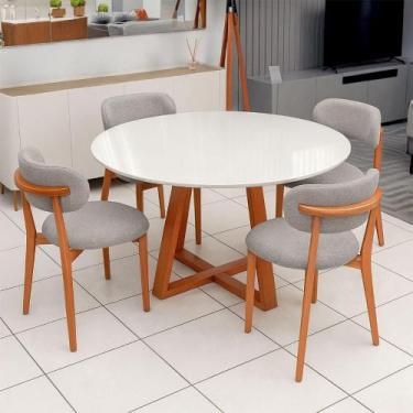 Imagem de Mesa de Jantar 115cm Redonda c/ Tampo de Vidro e 4 Cadeiras em Madeira