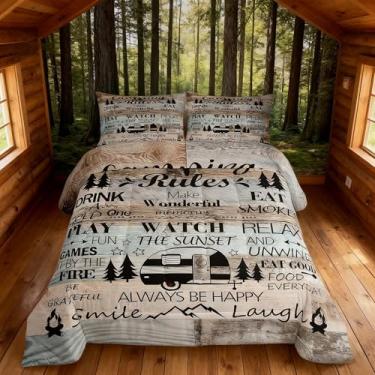 Imagem de Conjunto de edredom infantil Happy Camping, tamanho casal, rústico, casa de fazenda, aventura, decoração de quarto de meninas e meninos, edredom vintage, 2 fronhas