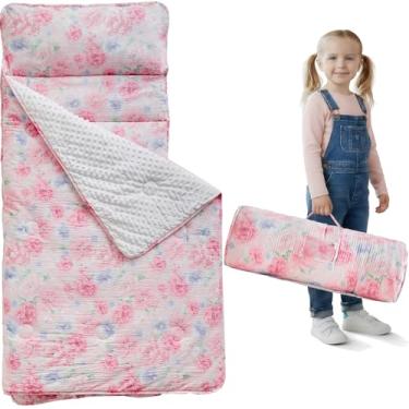 Imagem de Tapete de cochilo infantil com travesseiro e cobertor, sacos de dormir florais rosa para meninas, sacos de dormir infantis ultra macios com design de enrolar, perfeito para pré-escola, creche, jardim