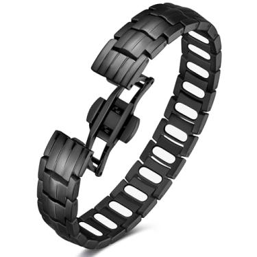 Imagem de Feraco Pulseira de terapia magnética de força 5X para homens - Pulseira de aço de titânio com ímãs Gauss 3800, fecho dobrável premium (preto)