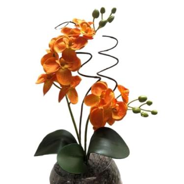 Imagem de Plantas Artificiais Decorativas, Plantas Artificiais Decorativas com Vaso, Arranjo Especial Orquídea 40 cm de Altura, Casca e Musgo Natural(LARANJA)
