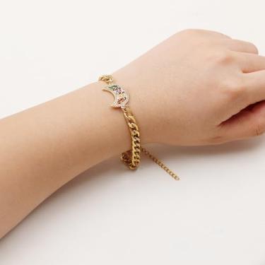 Imagem de Pulseira de lua de zircão banhada a ouro | Corrente de elos cubanos ajustáveis com pingente crescente de zircão arco-íris | Joias coloridas com lua incrustada para mulheres | YA5400, Adjustable, Aço