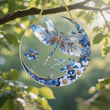 Imagem de Acrílico colorido Suncatcher, libélula entre flores azuis, janela suspensa de 18 cm, decoração de arte de parede com design de vitral impresso, ideia de presente e ornamento de jardim, uso interno e