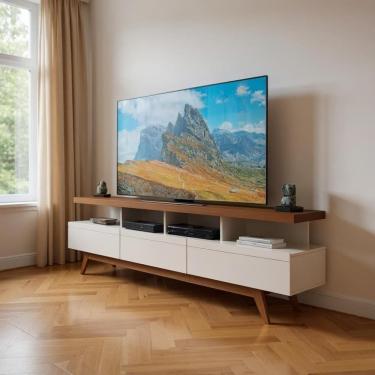 Imagem de Rack Aparador 3 Gavetas Para Tv At&eacute; 70&Prime; Com P&eacute;s De Madeira - Wood Off White/freijo