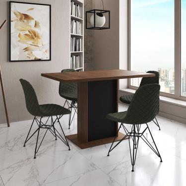 Imagem de Mesa Jantar Londres Tampo Amêndoa 120Cm Base Preta 4 Cadeiras Ferro Preto Estofado Verde