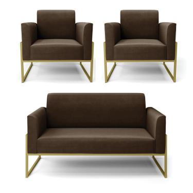 Imagem de Sofá Namoradeira Com 2 Poltronas Base Industrial Alta Dourado Marisa Suede D03 - D\'rossi Cor Marrom
