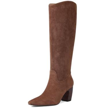 Imagem de Oiamenne Botas de cano alto femininas de bico quadrado macio salto grosso, botas longas confortáveis de panturrilha larga com zíper lateral, Camurça marrom escuro, 39