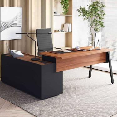 Imagem de Mesa L Diretor Escritório 200cm com Armário Lateral Tampo Cavado e Pés Metal Industrial Executive Nogal /Preto