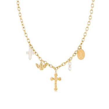 Imagem de TONLUYAX Colar de cruz de ouro para mulheres, pingentes de pérola, anjo, pingente de cruz, joia cristã, Medium, Aço inoxidável, Sem Pedra Preciosa