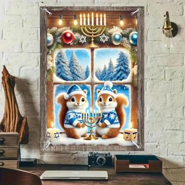 Imagem de BlissYard Decoração de capa de janela Hanukkah tecido esquilos fofos com menorá e estrela de Davi banner decoração festiva de inverno pôster para festa de Hanukkah decoração de casa interior ao ar