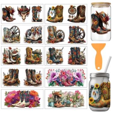 Imagem de arricraft 10 peças de adesivos de transferência de copo de PVC com tema de caubói ocidental, estampa de flores, chapéus, adesivo de copo à prova d'água UV para vidros de 473 ml, decoração de impressão