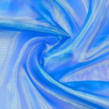 Imagem de PH PandaHall Tecido de organza transparente de 5,4 metros Tecido laser iridescente 150 cm de largura Tecido de gaze azul gradiente para vestidos de fantasia, cortina de Natal, festa de Halloween