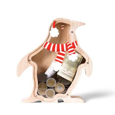 Imagem de Uniwooder Cofrinho de Natal de madeira para crianças, adorável cofrinho de pinguim com painéis de acrílico, caixa de dinheiro infantil inquebrável para meninos e meninas, lindo pote de moedas para