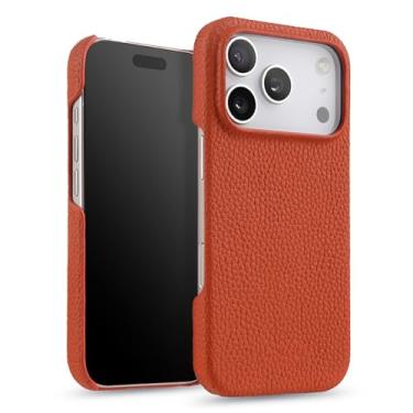 Imagem de LYJSMGZ Capa de couro genuíno para iPhone 17 Pro Max/17/17 Pro/17 Air, capa protetora contra arranhões, forro macio, suporte magnético, capa de carregamento sem fio, laranja, 17
