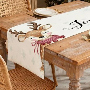 Imagem de Caminho de mesa de Natal 33 x 91 cm - Decoração de mesa de jantar de cozinha de inverno para decoração de casa, cervo fofo estampado com cachecol vermelho adornado com sino em fundo nevado para