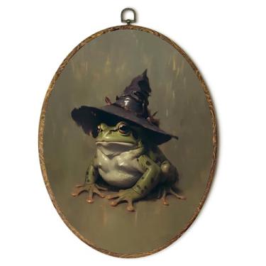Imagem de laveliabel Decoração de parede em tela oval sapo bruxo vintage, impressão em tela emoldurada Dark Academia Halloween Frog, decoração de parede oval de animal gótico temperamental para casa, sala de