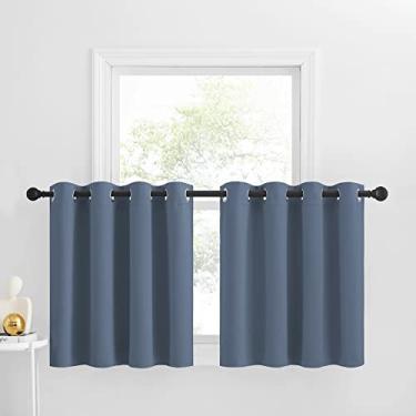 Imagem de Cortinas de camadas curtas para quarto, cortinas blackout com ilhós com isolamento térmico, cortinas de escurecimento de sala de tratamento de janela pequena para banheiro no porão, azul pedra, L 132