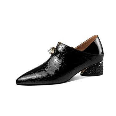 Imagem de TinaCus Mocassim feminino casual de couro envernizado brilhante, bico fino, laço, salto baixo grosso, zíper lateral, Preto, 40