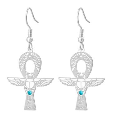 Imagem de Brincos Ankh Cruz Olho de Hórus Pedra Preciosa Chave da Vida Escaravelho Deusa Egípcia Ísis Antigo Proteção Egípcia Amuleto Joias Religiosas para Mulheres, Medium, Aço inoxidável, Sem pedra preciosa