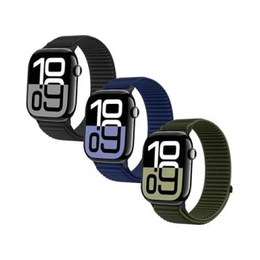 Imagem de Pulseira de nylon macio para Apple Watch SE/2 e séries 9/8/7/6/5/4/3 para meninas e meninos, para Apple Watch 42/44/45 mm (preto + oliva + azul escuro)